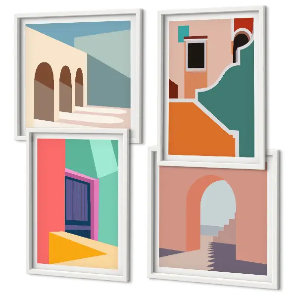 Farbenfrohe Illustrationen der Stadt als Polyptychon mit Rahmen