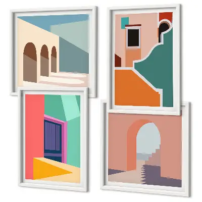 Farbenfrohe Illustrationen der Stadt als Polyptychon mit Rahmen
