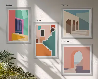 Farbenfrohe Illustrationen der Stadt als Polyptychon mit Rahmen
