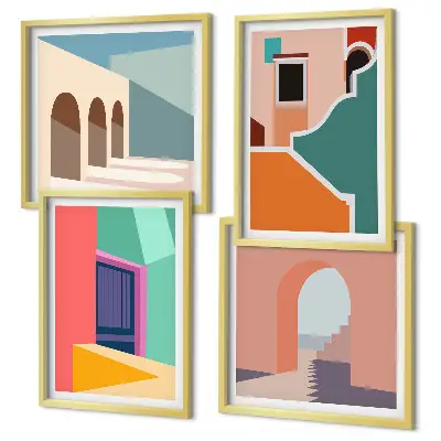 Farbenfrohe Illustrationen der Stadt als Polyptychon mit Rahmen