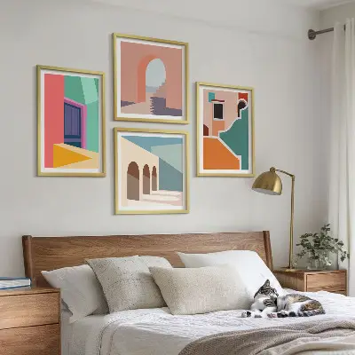 Farbenfrohe Illustrationen der Stadt als Polyptychon mit Rahmen