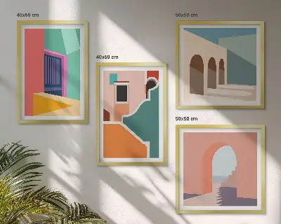 Farbenfrohe Illustrationen der Stadt als Polyptychon mit Rahmen