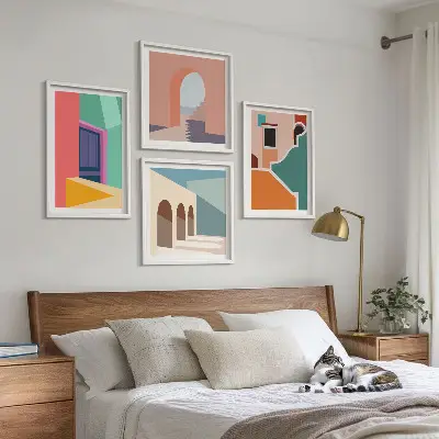 Farbenfrohe Illustrationen der Stadt als Polyptychon mit Rahmen