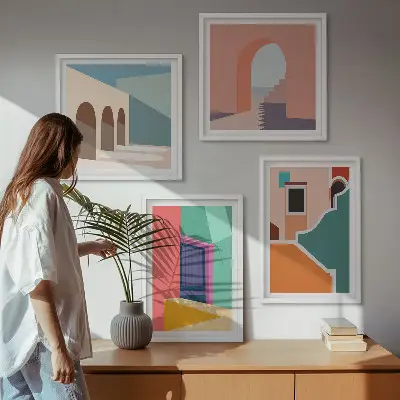 Farbenfrohe Illustrationen der Stadt als Polyptychon mit Rahmen