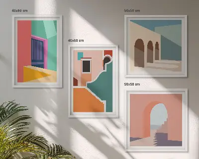 Farbenfrohe Illustrationen der Stadt als Polyptychon mit Rahmen