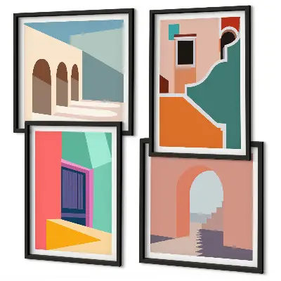 Farbenfrohe Illustrationen der Stadt als Polyptychon mit Rahmen
