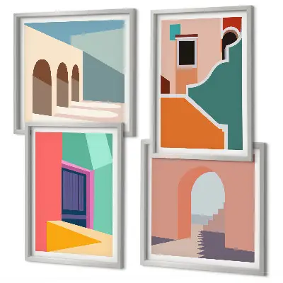 Farbenfrohe Illustrationen der Stadt als Polyptychon mit Rahmen