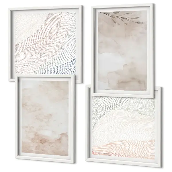 Aquarellblätter in Pastellfarben als mehrteiliges Wandbild mit Rahmen