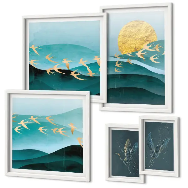 Modernes Wandbilder-Set mit Darstellung von Vögeln und Wellen