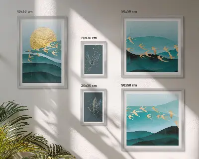 Modernes Wandbilder-Set mit Darstellung von Vögeln und Wellen