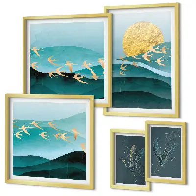 Modernes Wandbilder-Set mit Darstellung von Vögeln und Wellen