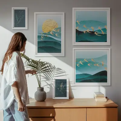 Modernes Wandbilder-Set mit Darstellung von Vögeln und Wellen