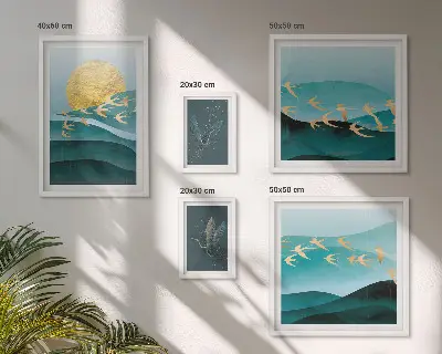 Modernes Wandbilder-Set mit Darstellung von Vögeln und Wellen