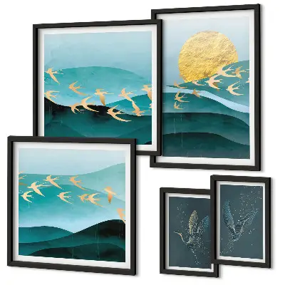 Modernes Wandbilder-Set mit Darstellung von Vögeln und Wellen