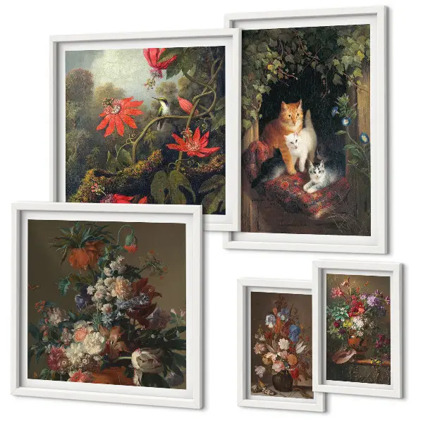 Bildergalerie-Set für die Wand mit Blumenkatzen im Vintage-Stil