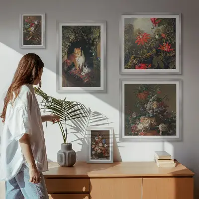 Bildergalerie-Set für die Wand mit Blumenkatzen im Vintage-Stil