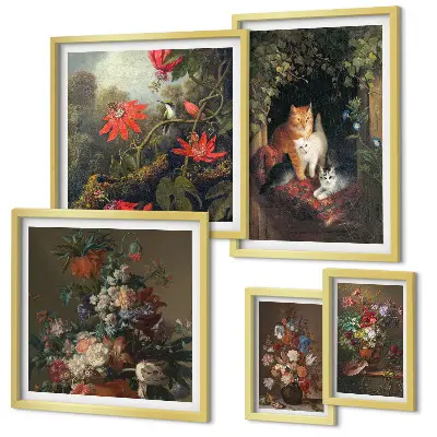 Bildergalerie-Set für die Wand mit Blumenkatzen im Vintage-Stil