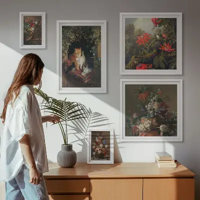 Bildergalerie-Set für die Wand mit Blumenkatzen im Vintage-Stil