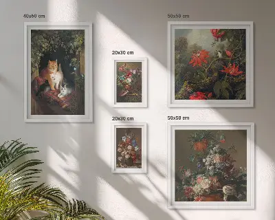 Bildergalerie-Set für die Wand mit Blumenkatzen im Vintage-Stil