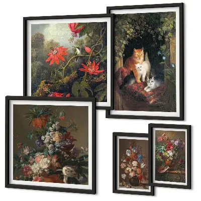 Bildergalerie-Set für die Wand mit Blumenkatzen im Vintage-Stil
