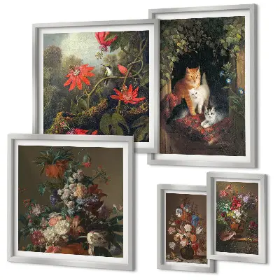 Bildergalerie-Set für die Wand mit Blumenkatzen im Vintage-Stil