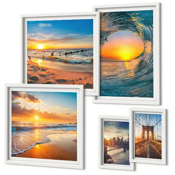 Modernes Wandbilder-Set mit Motiven von Sonnenuntergängen am Meer und Stadtbrücken
