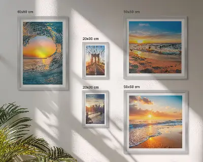 Modernes Wandbilder-Set mit Motiven von Sonnenuntergängen am Meer und Stadtbrücken