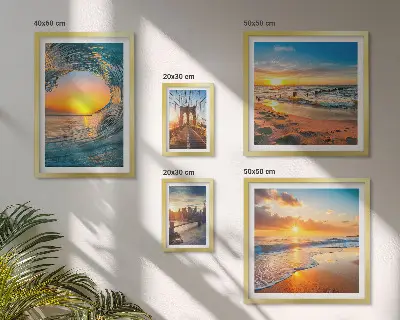 Modernes Wandbilder-Set mit Motiven von Sonnenuntergängen am Meer und Stadtbrücken