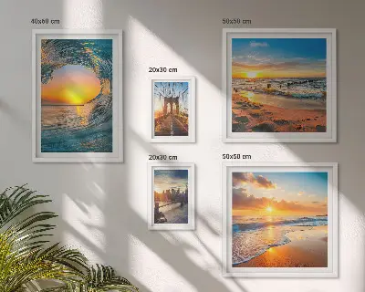 Modernes Wandbilder-Set mit Motiven von Sonnenuntergängen am Meer und Stadtbrücken