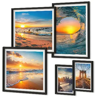Modernes Wandbilder-Set mit Motiven von Sonnenuntergängen am Meer und Stadtbrücken