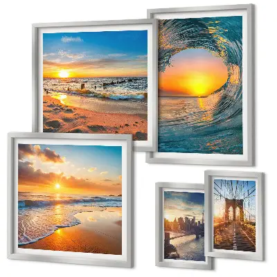 Modernes Wandbilder-Set mit Motiven von Sonnenuntergängen am Meer und Stadtbrücken