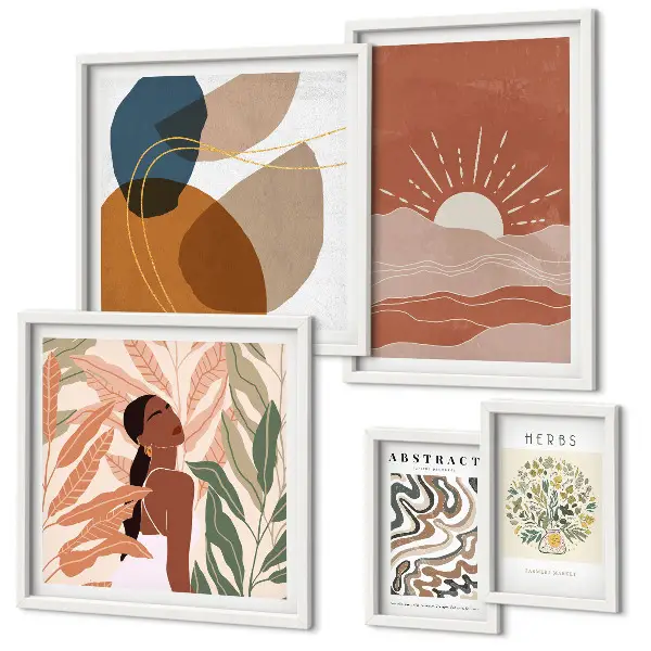 Modernes Wandbilder-Set mit abstrakten Pflanzenmotiven im Boho-Stil
