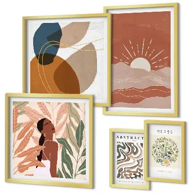Modernes Wandbilder-Set mit abstrakten Pflanzenmotiven im Boho-Stil