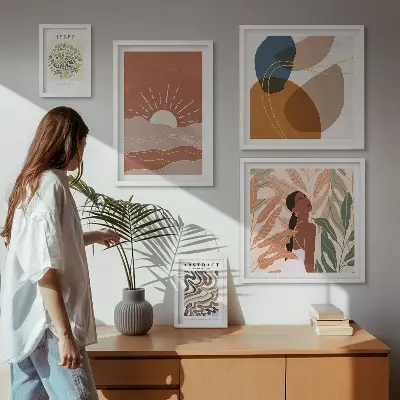 Modernes Wandbilder-Set mit abstrakten Pflanzenmotiven im Boho-Stil
