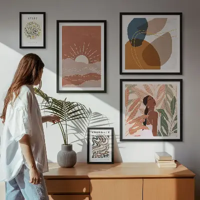 Modernes Wandbilder-Set mit abstrakten Pflanzenmotiven im Boho-Stil