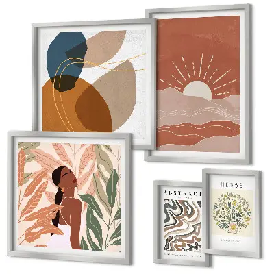 Modernes Wandbilder-Set mit abstrakten Pflanzenmotiven im Boho-Stil