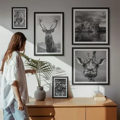Bildergalerieset für die Wand mit Motiven von Tieren in Schwarz-Weiß