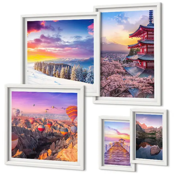 Wandbilder-Set mit asiatischen Bergen und Blumen Motiven