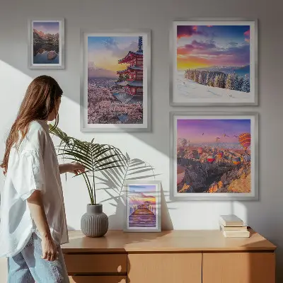 Wandbilder-Set mit asiatischen Bergen und Blumen Motiven