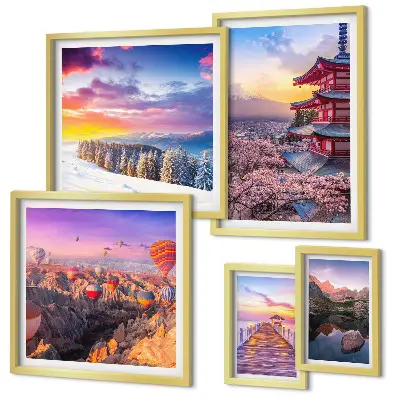 Wandbilder-Set mit asiatischen Bergen und Blumen Motiven
