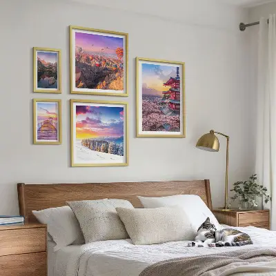 Wandbilder-Set mit asiatischen Bergen und Blumen Motiven