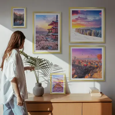 Wandbilder-Set mit asiatischen Bergen und Blumen Motiven