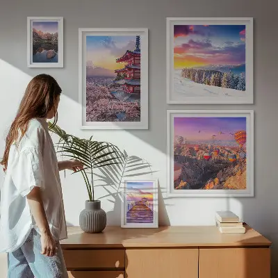 Wandbilder-Set mit asiatischen Bergen und Blumen Motiven