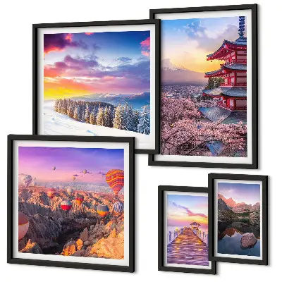 Wandbilder-Set mit asiatischen Bergen und Blumen Motiven
