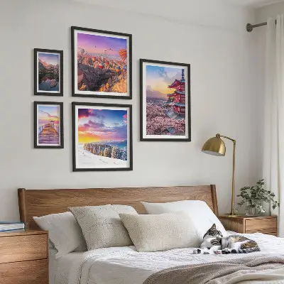 Wandbilder-Set mit asiatischen Bergen und Blumen Motiven