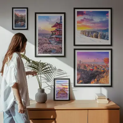 Wandbilder-Set mit asiatischen Bergen und Blumen Motiven