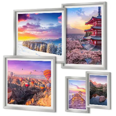 Wandbilder-Set mit asiatischen Bergen und Blumen Motiven