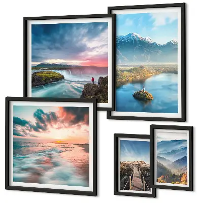 Modernes Wandbilder-Set mit Berglandschaften und Wasserfällen