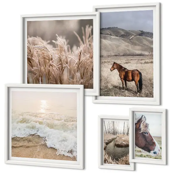 Modernes Wandbilder-Set mit Landschaften, Pferden und Wasser