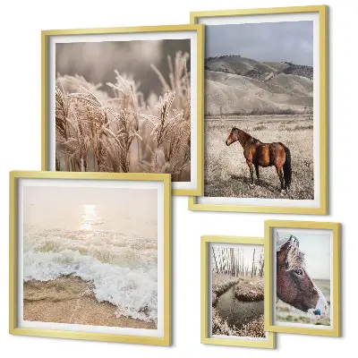 Modernes Wandbilder-Set mit Landschaften, Pferden und Wasser